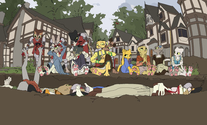 3_toes 4_fingers anthro armor blood blood_from_mouth blood_in_mouth blood_on_clothing blood_on_face blood_on_hand bodily_fluids building city city_background claws clothed clothing corpse dagger death execution feet female fingers flag flag_(object) foot_fetish foot_focus fully_clothed gore gore_focus grave group killing knife medieval_architecture medieval_clothing melee_weapon outside pawpads paws plant soles sword sword_in_ground tail timber_framed_architecture toe_claws toes tree weapon lavtap microsoft prequel_adventure the_elder_scrolls eflia eilza katia_managan kella_(khajiit) lifa mafido rajirra rose_(khajiit) felid khajiit mammal hi_res