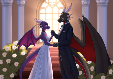 anthro black_tie_(suit) choker clothing digit_ring dress duo female flower happy jewelry just_married male male/female markings married_couple necklace pillar plant ring smile stairs suit tail wedding_dress wedding_ring window_light wings the_furry_tail_of_your_soul activision european_mythology mythology spyro_the_dragon cynder malevolent_(cynderthedragoness39) dragon mythological_creature mythological_scalie scalie western_dragon absurd_res hi_res