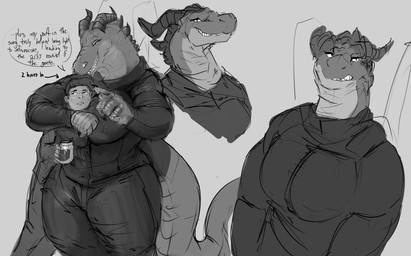 anthro big_breasts bodysuit breasts chokehold clothed clothing dialogue duo female fully_clothed grin headlock horn human_on_anthro interspecies larger_anthro larger_female male sharp_teeth size_difference skinsuit smaller_human smaller_male smile teeth text thick_thighs tight_clothing voluptuous_female doctordj mythology dragon human mammal mythological_creature mythological_scalie scalie english_text hi_res monochrome sketch
