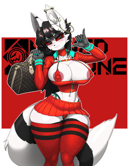 anthro areola barbell_piercing big_breasts bikini bikini_top black_body black_eyes black_fur black_hair black_stripes blue_fingernails blue_nails blush bottomwear breasts clothed clothing colored_nails ear_piercing ear_ring eyebrow_piercing facial_piercing female fingernails fluffy fluffy_tail fur hair hoop_ear_ring industrial_piercing legwear linked_nipples linked_piercing long_fingernails long_hair looking_at_viewer multicolored_body multicolored_clothing multicolored_fur multicolored_legwear multicolored_thigh_highs nails nipple_piercing nipple_suspension_bikini nipple_to_collar nipples piercing pink_areola red_bottomwear red_clothing red_sclera red_skirt ring_piercing skimpy skindentation skirt small_waist solo stripes swimwear tail thick_thighs thigh_highs thong two-piece_swimsuit two_tone_body two_tone_clothing two_tone_fur two_tone_legwear two_tone_thigh_highs underwear white_body white_fur wide_hips maned_kitsune liliaceo_sangred canid canine demon fox mammal 2026 hi_res