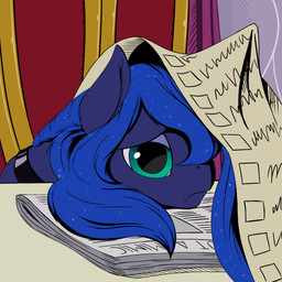 blue_hair female feral frown green_eyes hair horn inside jewelry looking_at_viewer necklace newspaper sad scroll solo tired vistamage friendship_is_magic hasbro my_little_pony mythology princess_luna_(mlp) equid equine mammal mythological_creature mythological_equine unicorn 1:1 2017 hi_res