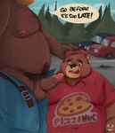 anthro balls belly big_belly blush bodily_fluids car clothing detailed_background duo erection genital_fluids genitals male male/male moobs nipples outside overweight overweight_male penis plant precum shirt text tongue tongue_out topwear tree vehicle saiper bear mammal 2025 english_text hi_res