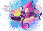 abstract_background anthro biped clothing footwear frown gesture gloves handwear holding_object holding_weapon horn male purple_body shoes solo spikes text weapon yellow_eyes den255 sega sonic_the_hedgehog_(series) espio_the_chameleon chameleon lizard meller's_chameleon reptile scalie english_text hi_res