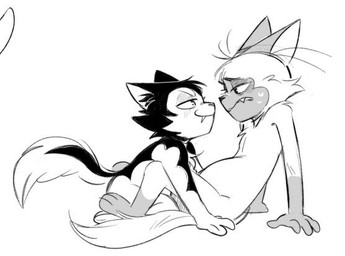 anthro blush blush_lines bodily_fluids collar duo eye_contact fangs fur hair half-closed_eyes kneeling looking_at_another love male male/male narrowed_eyes romantic romantic_couple sharp_teeth side_view simple_background sitting smile sweat tail teeth white_background viat_on bunnicula_(series) bunnicula chester_(bunnicula) domestic_cat felid feline felis mammal siamese_cat vampire 2026 digital_media_(artwork) monochrome