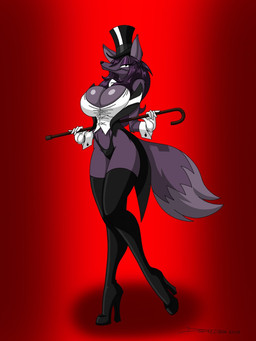 anthro boots breasts cane clothing coattails cuffs_(clothing) female footwear gloves hair handwear hat headgear headwear knee_boots knee_highs legwear shoes solo top_hat wolfdan86 canid canine fox mammal hi_res
