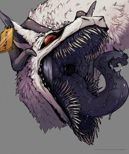 2_horns ambiguous_gender blue_insides bodily_fluids curled_horn ear_piercing ear_tag feral fur grey_background horn long_tongue mouth_shot open_mouth piercing pupils red_eyes saliva saliva_on_tongue saliva_string sharp_teeth simple_background slit_pupils solo teeth text tongue white_body white_fur unichromacorn synx 2023 constructed_language digital_media_(artwork) fictional_language headshot_portrait hi_res portrait watermark