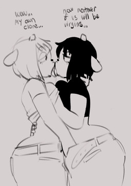 anthro belt big_butt black_clothing black_hair black_shirt black_topwear breast_grab breasts butt clone clothing crop_top duo eyelashes female female/female fingering fingering_partner french_kissing grope hair hand_on_breast horn kiss_on_lips kissing lips midriff open_belt pants_undone selfcest sex shirt square_crossover text thick_lips tongue tongue_out topwear vaginal vaginal_fingering honeyboyy parappa_the_rapper sony_corporation sony_interactive_entertainment um_jammer_lammy lammy_lamb rammy_lamb bovid caprine mammal sheep 2024 black_and_white hi_res monochrome sketch