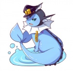 alternate_species ambiguous_gender birthmark blue_eyes chain clothing feral hat headgear headwear looking_at_viewer markings simple_background solo tail water white_background yare_yare_daze sakurakazuki jojo's_bizarre_adventure nintendo pokemon jotaro_kujo eeveelution generation_1_pokemon pokemon_(species) vaporeon