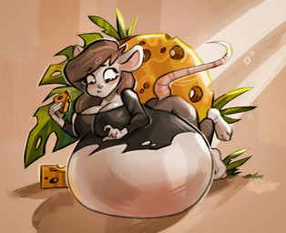 anthro belly big_belly breasts brown_hair cheese dairy_products female food fur hair huge_belly overweight simple_background solo stuffing white_body white_fur blacksisters mammal mouse murid murine rodent 2024 hi_res