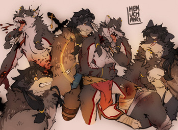 anthro black_hair blood bodily_fluids bottomwear clenched_teeth clothing duo facial_scar fur grey_body grey_fur hair loincloth long_hair male muscular muscular_anthro muscular_male red_bottomwear red_clothing red_loincloth scar teeth white_body white_fur yellow_eyes hemuchang canid canine canis mammal wolf 2022 hi_res