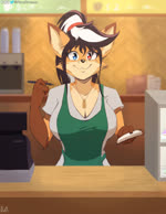 4_fingers animated anthro apron areola areola_slip barista big_breasts blue_eyes blush breast_physics breasts canid canine cleavage clothed clothing cockblock cockblocked coffee_shop currency_symbol dialogue digital_media_(artwork) dipstick_ears dollar_sign ear_markings elizabeth_fox exhibitionism female fingers flirting fox front_view fur green_apron green_clothing hair heart_eyes heart_pupils heart_symbol heterochromia hi_res holding_note_pad holding_object holding_pen i_mean_breast_milk iris jewelry long_hair looking_at_viewer mammal meme milk multicolored_ears multicolored_hair necklace open_mouth open_smile pen pupils red_body red_eyes red_fur shaded short_playtime slip_(disambiguation) smile solo sound starbucks symbol talking_to_viewer twitter twitter_logo two_tone_hair viejillox voice_acted webm