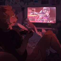 anthro brown_body brown_fur clothing computer_monitor controller detailed_background duo erection eyewear fellatio femboy fur gaming gaming_while_penetrating glasses holding_controller holding_object interspecies long_ears male male/male male_penetrated male_penetrating male_penetrating_male oral penetration penile sex shirt t-shirt topwear wearing_glasses whiskers deppetto tekken_8 jin_kazama lagomorph leporid mammal mustelid otter rabbit 1:1 hi_res
