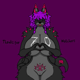 anthro big_breasts big_tail black_body black_fur braided_hair breasts ear_piercing ear_ring female fluffy fluffy_ears fur fur_markings gesture gesturing_at_viewer hair horn jewelry markings paint paint_on_body paint_on_breasts piercing purple_hair ring_piercing short_hair short_horn small_horn smile smiling_at_viewer solo stinger stinger_tail suggestive tail thank_you_message thanking white_paint reena_dreamer iranian_mythology middle_eastern_mythology mythology reena_(reena_dreamer) canid canine canis demon felid mammal manticore succubus wolf 1:1 absurd_res hi_res