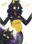 accessory anthro arm_tuft arms_bent belly big_belly black_body black_fur black_hair black_lips black_nose blonde_eyebrows breasts cleavage clothed clothed_anthro clothed_female clothing dialogue dream elbow_tuft eyebrows eyes_closed facial_markings female female_anthro fully_clothed fully_clothed_anthro fully_clothed_female fur gold_ear_ring hair hair_accessory head_markings light lips long_hair looking_at_own_belly markings navel_outline open_mouth orange_eyes panties pink_tongue pregnant pregnant_anthro pregnant_female purple_clothing purple_panties purple_underwear sharp_teeth shocked simple_background sleeping solo standing teeth text thick_bottom_lip tongue tuft underwear wavy_hair white_background yelling yellow_inner_ear yellow_markings yellow_tube_top skywater mayternity mayternity_2025 anais_nefifer anubian_jackal canid canine canis jackal mammal 2025 absurd_res colored digital_drawing_(artwork) digital_media_(artwork) english_description english_text hi_res lighting shaded