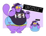 4_fingers anthro belly big_belly big_butt breasts butt clothing dialogue ear_piercing ear_ring female fingers freckles fur hair hand_on_cheek happy highlights_(coloring) obese obese_anthro obese_female open_mouth overweight overweight_anthro overweight_female piercing purple_body purple_fur purple_hair ring_piercing simple_background solo tail text text_on_clothing thick_thighs torn_clothing yellow_eyes heartbreak_k dabloons_(meme) gorillaz undertale_(series) catty_(undertale) felid mammal absurd_res hi_res