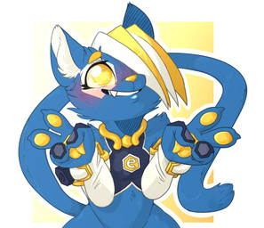 anthro big_hands blue_body blue_fur blush bottomless bottomless_anthro bottomless_male clothed clothing femboy fur gesture hair hand_gesture heart_eyes heart_symbol inner_ear_fluff male mascot open_mouth pawpads paws pupils simple_background smile solo symbol-shaped_pupils tail teeth text text_on_clothing text_on_topwear topwear tuft unusual_pupils v_sign yellow_eyes backsash e621 hexerade domestic_cat felid feline felis mammal 2017 digital_media_(artwork) hi_res
