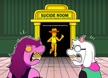 2_horns anthro bar_emanata biped clothed clothing cowboy cowboy_hat cute_fangs detailed_background dialogue doorway duo_focus emanata eye_contact eyewear fangs female female_anthro floppy_ears flower fur gesture glasses group hair hand_gesture hat headgear headwear heart_symbol horn horrified looking_at_another male male_anthro orange_hair pink_body pink_hair pink_horn pink_scales plant scales scarf shocked side_view snout suicidal teeth text thumbs_up trio walking_away wearing_glasses white_body white_fur yellow_body yellow_sclera yellow_skin yellow_teeth andreolamuller deltarune undertale_(series) ralsei susie_(deltarune) yellow_(deltarune) bovid caprine darkner elemental_creature flora_fauna flower_creature goat human mammal scalie seven_flowers 2026 absurd_res digital_drawing_(artwork) digital_media_(artwork) english_description english_text hi_res