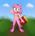 anthro barefoot biped breasts casual_nudity claws clitoris fangs feet female fur genitals green_eyes hair hammer looking_at_viewer melee_weapon navel nipples nude open_mouth pink_body pink_hair pussy simple_background smile solo standing teeth toe_claws toes tongue tools weapon alonwoof sega sonic_the_hedgehog_(series) amy_rose eulipotyphlan hedgehog mammal digital_media_(artwork) hi_res