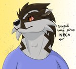 alex.fetter alex_(alex.fetter) anthro brown_eyes clothing english_text fangs generation_8_pokemon hair hi_res long_neck looking_aside male nintendo obstagoon pink_sclera pokemon pokemon_(species) shirt solo teeth text thick_neck topwear