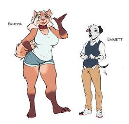 4_toes 5_fingers anthro barefoot big_breasts biped black_eyebrows black_nose blue_eyes bottomwear breasts brown_body brown_fur claws clock clothed clothed_anthro clothing collar collarbone denim directed_motion_outline duo ear_piercing ear_ring eyebrows feet female fingers floppy_ears fluffy fluffy_tail fully_clothed fully_clothed_anthro fur gloves_(marking) hair larger_female leg_markings long_hair male markings motion_lines motion_outline path_lines pawpads piercing pink_nose pink_pawpads plantigrade ring_piercing shorts size_difference smaller_male socks_(marking) spots spotted_body spotted_fur standing straight_hair tail text thin_tail toes tongue tongue_out topwear vest watch white_hair wide_hips wristwatch inu-sama brianna_(inu-sama) emmett_(inu-sama) canid canine canis dalmatian domestic_dog mammal 2019 absurd_res character_name hi_res