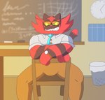 anthro black_body bottomwear bulge chalkboard classroom clock clothed clothing eyewear fur furniture green_eyes looking_at_viewer male muscular muscular_anthro muscular_male necktie pants red_body red_fur school shirt showing_teeth solo suit teacher teeth topwear trash_can watch wristwatch lxzylux nintendo pokemon felid generation_7_pokemon incineroar mammal pokemon_(species) hi_res