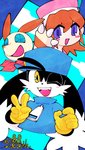 abstract_background anthro blue_eyes clothing cloud fangs female gesture gloves green_eyes group hand_gesture handwear hat headgear headwear kemono kerchief long_ears male one_eye_closed smile teeth text trio v_sign wink yellow_eyes tousei bandai_namco klonoa_(series) klonoa lolo_(klonoa) popka animal_humanoid canid canine canis domestic_cat domestic_dog felid feline felis haplorhine humanoid mammal mammal_humanoid monkey monkey_humanoid moo_(klonoa) primate primate_humanoid hi_res