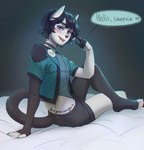 anthro black_hair blue_eyes blush fur hair looking_at_viewer male open_mouth solo speech_bubble tail white_body white_fur poofroom felid feline mammal 2023 absurd_res hi_res