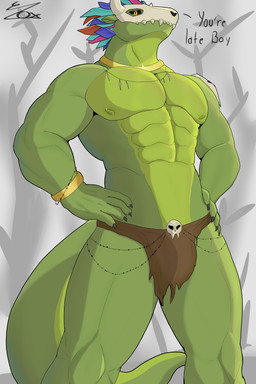 anthro black_eyes bone bone_mask brown_clothing bulge clothing gold_(metal) gold_jewelry green_body green_skin jewelry male mask muscular muscular_male nipple_piercing nipples piercing skull skull_mask solo standing yellow_eyes crayzox0 terraria witch_doctor_(terraria) lihzahrd lizard reptile scalie 2:3 absurd_res hi_res