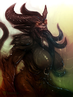 abstract_background areola black_body black_exoskeleton bodily_fluids breasts exoskeleton female hell horn long_tongue looking_at_viewer multi_tongue nipple_piercing nipples piercing pose saliva simple_background slime solo teeth tongue tongue_out neurodyne demon humanoid monster unknown_species 2015 3:4