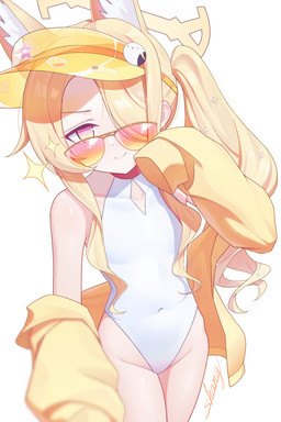 accessory animal_ears bare_shoulders bent_arm blonde_hair clothing collarbone female flat_chested fluffy_ears hair hair_accessory halo hat headgear headwear highleg jacket long_hair looking_at_viewer multi_ear narrowed_eyes navel_outline one-piece_swimsuit pink_eyes ponytail side_ponytail simple_background smile sparkles swimwear topwear undercut_hair visor_cap white_background white_clothing white_swimwear yellow_clothing yellow_jacket_(clothing) yellow_topwear young young_female young_humanoid shang_0v0 blue_archive nexon seia_(blue_archive) animal_humanoid canid canid_humanoid canine canine_humanoid fox_humanoid humanoid mammal mammal_humanoid 2:3 absurd_res hi_res signature