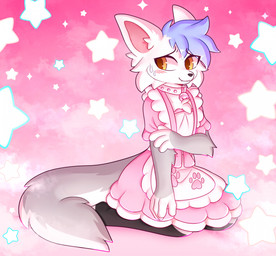 4_fingers anthro apron black_nose blue_hair cheek_tuft clothed clothing collar crossdressing cute_fangs dress facial_tuft fangs femboy fingers fur grey_body grey_fur hair kneeling looking_away maid_uniform male pink_clothing pink_dress short_hair shy snout solo tail teeth tuft uniform white_apron white_body white_clothing white_collar white_fur yellow_eyes appliei canid canine fox mammal 2025 colored digital_drawing_(artwork) digital_media_(artwork) hi_res shaded