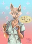 anthro cheek_tuft cross doctor facial_tuft holding_stethoscope male medic medical_instrument scientific_instrument solo stethoscope text tuft vandclash canid canine fox mammal absurd_res english_text hi_res