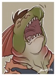 anthro border clothing fisherman front_view male solo torn_clothing transformation white_border solidasp fish marine salmon salmonid_(fish) sockeye_salmon 2016 bust_portrait digital_media_(artwork) portrait