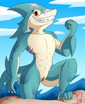 anthro claws detailed_background female fin flat_chested genitals looking_at_viewer muscular muscular_female outside pose pussy scar sea sharp_teeth sky smile solo teeth water lechugansfw brawlhalla mako_(brawlhalla) fish marine shark hi_res signature