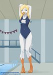 anthro avian_feet beak blonde_hair breasts clothing feathers female hair hands_behind_head inside nails non-mammal_breasts one-piece_swimsuit solo swimming_pool swimwear tail tail_feathers text water white_body white_feathers pwnagespartan marie_(pwnagespartan) avian bird columbid dove hi_res url