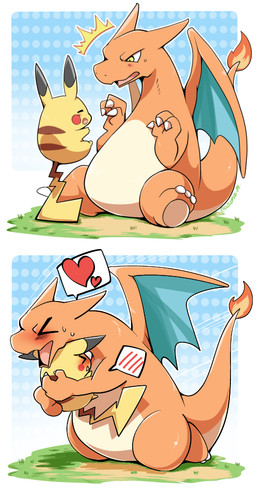 ambiguous/ambiguous ambiguous_gender blue_background blush bodily_fluids duo gradient_background heart_symbol open_mouth pattern_background simple_background sweat tail white_background azuma_minatsu nintendo pokemon charizard generation_1_pokemon pikachu pokemon_(species) 2017 comic