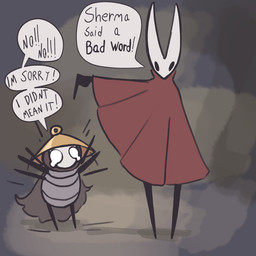 2_horns ambiguous_gender biped black_arms black_eyes black_legs black_text cloak clothed clothing dialogue duo empty_eyes exclamation_point gesture hand_gesture horn motion_lines pointing red_cloak red_clothing speech_bubble standing talking_to_another teary_eyes text civilianmodel hollow_knight:_silksong hollow_knight_(franchise) team_cherry hornet_(hollow_knight) sherma_(hollow_knight:_silksong) arthropod 1:1 2025 english_text hi_res female_(lore) male_(lore)