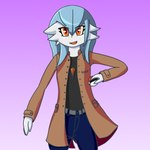 blue_hair clothing coat female hair not_furry open_mouth orange_eyes pokeball purple_background simple_background solo topwear trenchcoat cobra0281 nintendo pokemon alyx_(cobra0281) gardevoir generation_3_pokemon pokemon_(species) shiny_pokemon 1:1 2020