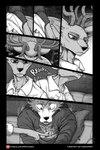 anthro antlers bottomwear clothing denim denim_bottomwear denim_clothing duo electronics furniture hoodie horn inside jeans male male/male pants phone scar shirt sitting sofa surprise surrealism text text_on_clothing text_on_hoodie text_on_topwear thinking thoughtful_expression ticket topwear spiritd beastars legoshi_(beastars) louis_(beastars) canid canine canis cervine deer mammal red_deer wolf comic hi_res