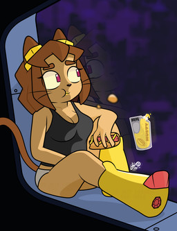 clothing eating female food hot_dog mustard panties shirt space spacecraft tank_top topwear underwear vehicle zero_gravity dm29 gameoverse glitch_productions kit_bodega domestic_cat felid feline felis mammal hi_res