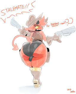 anthro big_butt boots bottom_heavy bulge butt clothing cowboy_hat curvy_figure femboy footwear fur gun handgun hat headgear headwear huge_butt kerchief male pear-shaped_figure pistol profanity ranged_weapon rear_view red_body red_eyes red_fur shoes shortstack shortstack_male solo spade_tail tail text thick_thighs weapon wide_hips yellow_sclera uromatsu kings_of_hell gremile_'hotshot' demon imp absurd_res english_text hi_res