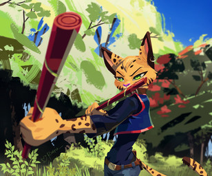 anthro arnis bottomwear clothing collar constricted_pupils denim denim_bottomwear denim_clothing detailed_background ear_piercing ear_ring facial_markings female female_anthro fur green_eyes head_markings head_tuft holding_object holding_weapon jeans jersey long_sleeve_shirt markings pants piercing pointy_ears pose pupils ring_piercing shirt slit_pupils small_pupils solo spots spotted_body spotted_fur striped_markings stripes text thin_eyebrows topwear tuft weapon yellow_body yellow_fur ruffu pepper_in_the_sandbox pepper_(ruffu) felid feline mammal serval artist_name colored detailed digital_drawing_(artwork) digital_media_(artwork) digital_painting_(artwork) painting_(artwork) shaded signature