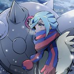 black_eyes blue_eyebrows blue_hair blue_scarf breath clothed clothing duo eyebrows grey_body gym_leader hair male multicolored_scarf pupils red_scarf scarf white_pupils ayo nintendo pokemon grusha_(pokemon) cetitan generation_9_pokemon human mammal pokemon_(species) 1:1 signature