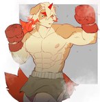 2024 anthro areola arknights blush bodily_fluids bottomwear boxing boxing_gloves canid canine canis clothing domestic_dog duo fur hair handwear hi_res hung_(arknights) hypergryph long_hair looking_away male mammal multicolored_hair muscular muscular_anthro muscular_male pants pu94_d1de4c solo sport studio_montagne sweat tail tan_body tan_fur yellow_eyes