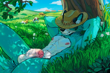 abs anthro arm_tuft balls blue_body blue_fur casual_nudity clothing elbow_tuft erection flower foreskin fur furgonomic_hat furgonomic_headwear furgonomics genitals grass hands_behind_head hat hat_only hat_over_eyes headgear headgear_only headwear headwear_only humanoid_genitalia humanoid_penis inner_ear_fluff logo lying male mostly_nude nipples nude nude_anthro nude_male on_back on_grass on_ground outside penis plant resting sky solo tree tuft vein veiny_penis wearing_hat spiritinchoco ambient_livestock bovid bovine canid canine canis cattle livestock mammal wolf 2025 artist_logo digital_media_(artwork) hi_res