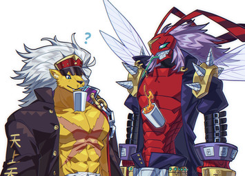 abs antennae_(anatomy) anthro bancho drinking drinking_straw duo fur hair humor male muscular muscular_anthro muscular_male pecs red_body white_hair yellow_body yellow_fur confeito000_333 bandai_namco digimon hands-free_bubble_tea bancholeomon banchostingmon digimon_(species) hi_res meme