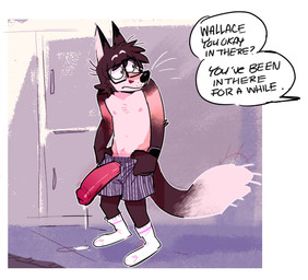 anthro big_penis bodily_fluids boxers_(clothing) brown_body brown_fur brown_hair clothed clothing dialogue dripping erection eyewear footwear foreskin fur genital_fluids genitals glasses hair huge_penis humanoid_genitalia humanoid_penis male nipples offscreen_character partially_clothed penis precum precum_drip rectangular_glasses shirtless socks solo speech_bubble tail text underwear purplecider wallace_(purplecider) canid canine mammal english_text