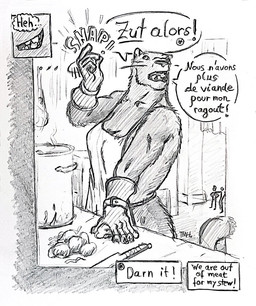 anthro apron black_body clothing comic_panel dialogue female gloves group handwear kitchen kitchen_utensils macro male male/female size_difference speech_bubble text tools thema felid human leopard mammal pantherine comic french_text graphite_(artwork) greyscale monochrome sketch traditional_media_(artwork)