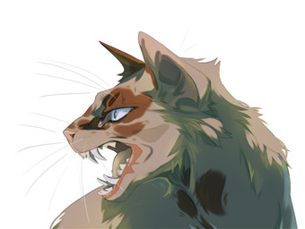 ambiguous_gender blue_eyes brown_body brown_fur cheek_tuft facial_tuft fangs feral fur glistening glistening_eyes grey_body grey_fur neck_tuft open_mouth sharp_teeth simple_background solo teeth tuft unsigned whiskers white_background justkiddinb felid mammal bust_portrait portrait