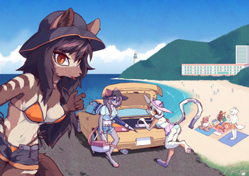 anthro beach bikini black_hair blep blue_eyes bottomwear breasts brown_body brown_fur car choker cleavage clothed clothing cooler female fur grey_body grey_fur group hair hat headgear headwear hotpants jewelry looking_at_viewer multicolored_body multicolored_fur necklace orange_eyes pawpads sea shirt shorts side-tie_bikini skirt string_bikini striped_body striped_fur stripes swimwear tan_body tan_fur tongue tongue_out topwear trio two-piece_swimsuit umbrella vehicle water white_body white_fur falseconstruct canid canine canis domestic_cat felid feline felis mammal mouse murid murine rodent wolf hi_res